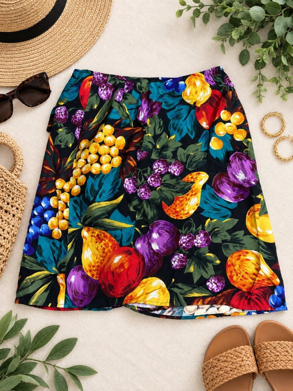 Vintage Andrea Benhar Fruit Print Skirt Small Made in USA 100% Rayon Colorful